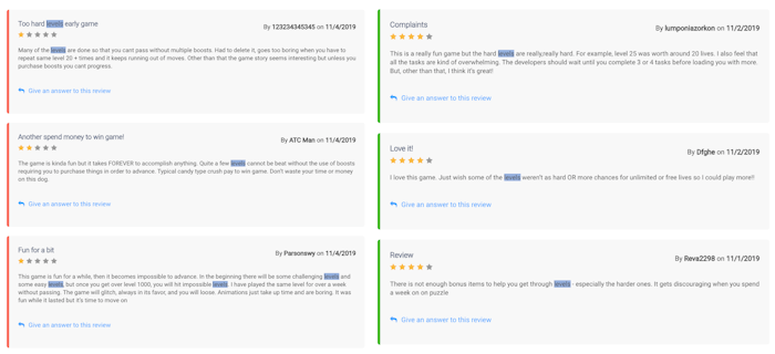 AppTweak ASO Tool - Reviews and Ratings Keyword Sentiment Analysis: Positive and negative reviews for Gardenscapes that contain the keyword “levels”